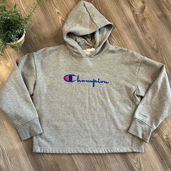 CHAMPION BOXY CROPPED HOODED SWEATSHIRT GRAY SIZE XL EUC - Picture 1 of 5